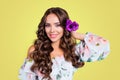 Close up portrait of good-looking, magnificent, exquisite, delicate, beautiful lady hold small purple bouquet of flowers Royalty Free Stock Photo