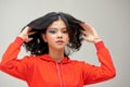 Close up portrait of gorgeous amazing young woman with stylish bright artistic make up and bob hairdo smiling