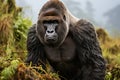 Close-up portrait of a gorilla in the wild.