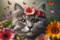 close-up portrait of a gray cat in flowers, cute face.