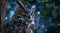 Close up portrait of a great horned owl with yellow eyes and ear tufts in photorealistic style Royalty Free Stock Photo