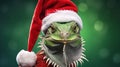 Close-up portrait of a green agama wearing a red Christmas hat, on a green background, copy space, symbol of 2024 Royalty Free Stock Photo