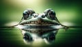 A close-up portrait of a green frog with reflective eyes, calmly resting on the water surface. Royalty Free Stock Photo