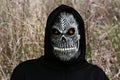 Close-up portrait of grim reaper. Man in death mask with fire flame in eyes on dry grass nature fall background Royalty Free Stock Photo