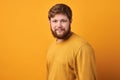 Close up portrait of handsome manly guy with beard posing in three quarters, looking in camera and happily smiling Royalty Free Stock Photo