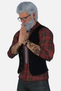 Close-up portrait of a handsome tattooed silver fox with hipster glasses praying on an isolated white background Royalty Free Stock Photo