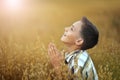 Portrait of happy boy praying in field