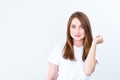 Close up portrait of Happy brunette caucasian smiling young woman looking at camera and posing isolated over white background. Bod Royalty Free Stock Photo