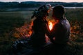 Close-up portrait of the happy couple sitting back embracing by fire at night. Girl in wreath