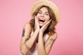 Close up portrait of a happy delighted girl in hat Royalty Free Stock Photo