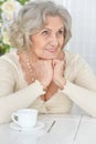Close up portrait of happy senior woman drinking tea Royalty Free Stock Photo