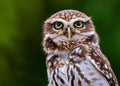 A close up portrait headshot of an owl with detailed features on a dark green background with space for copy. Royalty Free Stock Photo