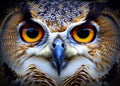 A close up portrait headshot of an owl with detailed features