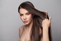 Close up portrait of healthy young beautiful wonderful lady with long perfect shiny smooth straight hair