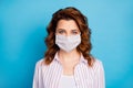 Close-up portrait of her she attractive pretty wavy-haired girl wearing safety mask life insurance medicine keep social