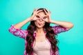 Close-up portrait of her she lovely attractive cheerful comic crazy wavy-haired lady wearing checked shirt showing