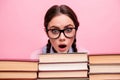 Close-up portrait of her she nice attractive amazed genius brown-haired teenage girl among pile book science difficult