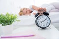 Close-up portrait of her she nice attractive blond woman lying in bed sleeping spending day weekend alarm bell ringing Royalty Free Stock Photo