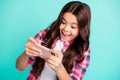 Close-up portrait of her she nice attractive charming cute girlish cheerful cheery wavy-haired girl in checked shirt Royalty Free Stock Photo