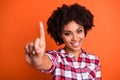 Close-up portrait of her she nice attractive cheerful cheery content wavy-haired lady wearing checked shirt giving 1