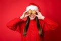 Close-up portrait of her she nice attractive cheerful cheery girl holding in hands festal tree decor balls like glasses Royalty Free Stock Photo