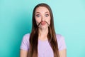 Close-up portrait of her she nice attractive comic cheery crazy long-haired girl having fun pout lips curl like mustache