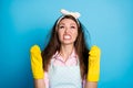 Close-up portrait of her she nice attractive irritated annoyed furious mad exhausted maid home cleansing disinfectant Royalty Free Stock Photo