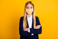 Close-up portrait of her she nice attractive long-haired schoolkid wearing safety mask folded arms mers cov wuhan