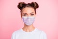 Close-up portrait of her she nice attractive lovable cute adorable winsome girl with two buns wear white shirt