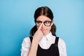 Close-up portrait of her she nice attractive lovely brainy boring dull brunette schoolgirl nerd geek fixing specs