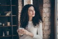 Close-up portrait of her she nice attractive lovely charming dreamy cheerful thoughtful wavy-haired girl drinking coffee