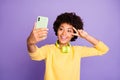 Close-up portrait of her she nice attractive lovely cheerful cheery playful wavy-haired girl taking making selfie Royalty Free Stock Photo