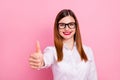 Close-up portrait of her she nice attractive lovely confident cheerful cheery glad content red-haired girl showing Royalty Free Stock Photo