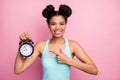 Close-up portrait of her she nice attractive lovely confident glad cheerful cheery wavy-haired girl worker showing time Royalty Free Stock Photo