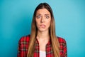 Close-up portrait of her she nice attractive lovely depressed scared impressed girl wearing checked shirt worrying