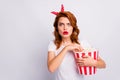 Close-up portrait of her she nice attractive lovely glamorous worried nervous girl eating popcorn seeing new movie