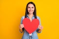 Close-up portrait of her she nice attractive lovely pretty cheerful cheery girl holding in hand paper heart form shape Royalty Free Stock Photo