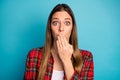 Close-up portrait of her she nice attractive lovely pretty confused girl wearing checked shirt closing mouth oops Royalty Free Stock Photo