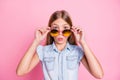 Close-up portrait of her she nice attractive lovely pretty fashionable funny girlish feminine cheery preteen girl Royalty Free Stock Photo