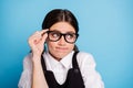 Close-up portrait of her she nice attractive lovely pretty shy modest unsure schoolgirl touching specs don`t know answer