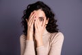 Close-up portrait of her she nice attractive lovely winsome charming cute scared wavy-haired lady prying hiding behind