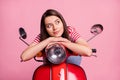 Close-up portrait of her she nice attractive pretty charming dreamy cheery minded girl sitting on moped overthinking Royalty Free Stock Photo