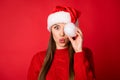 Close-up portrait of her she nice attractive pretty cheerful funny positive girl holding hat white ball pouted lips Royalty Free Stock Photo