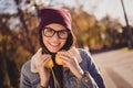 Close-up portrait of her she nice attractive pretty cute cheerful brown-haired girl enjoying spending free time rest Royalty Free Stock Photo