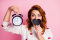 Close-up portrait of her she nice attractive pretty cute lovely funny foxy wavy-haired girl holding in hand bell clock Royalty Free Stock Photo