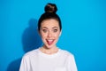 Close-up portrait of her she nice attractive pretty funky comic playful naughty cheerful cheery girl showing tongue out