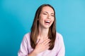 Close-up portrait of her she nice attractive pretty lovely cheerful cheery girl laughing having fun good news luck