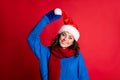 Close-up portrait of her she nice attractive pretty lovely cheerful funny brown-haired girl wearing festal Santa cap Royalty Free Stock Photo