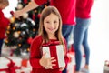 Close-up portrait of her she nice attractive pretty lovely cute sweet cheerful girl holding in hands festal giftbox Royalty Free Stock Photo