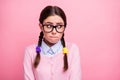 Close-up portrait of her she nice attractive pretty lovely worried shy smart clever girl geek wearing specs looking Royalty Free Stock Photo